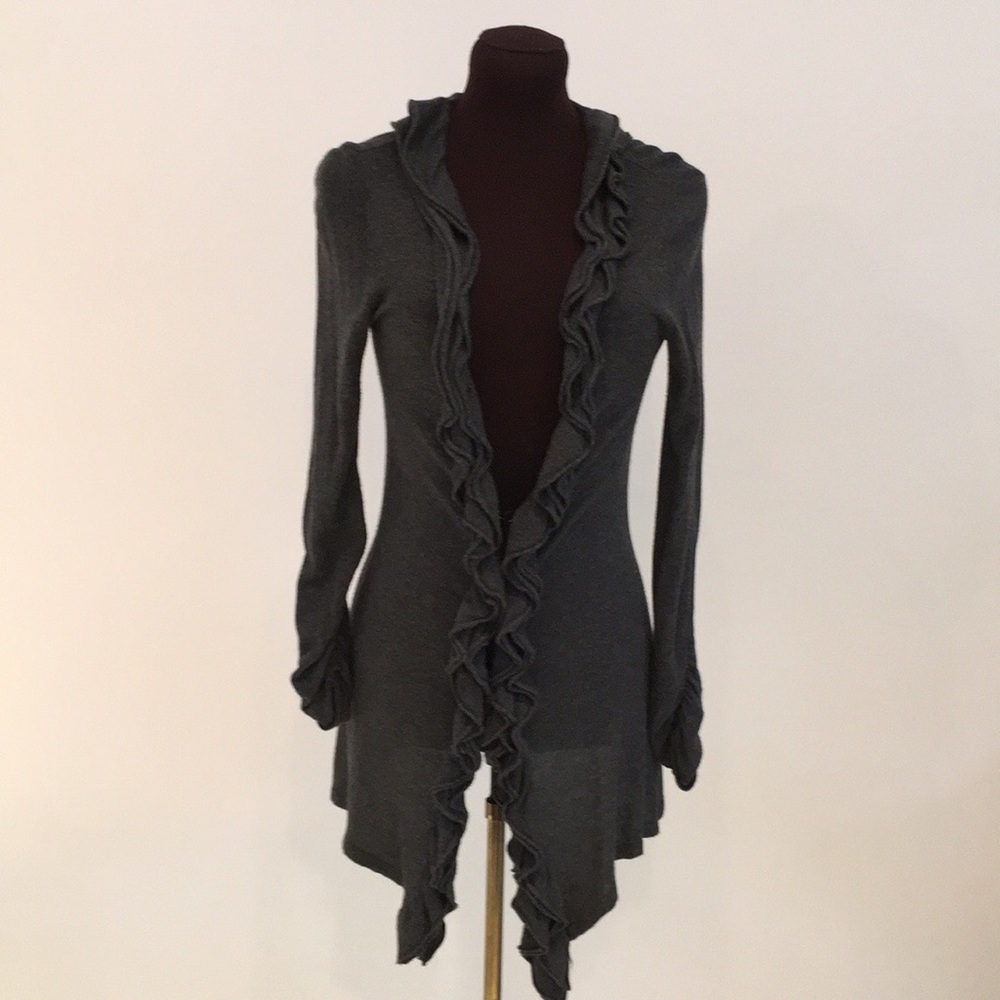 Belldini Gray Ruffle-Trim Open Front Cardigan